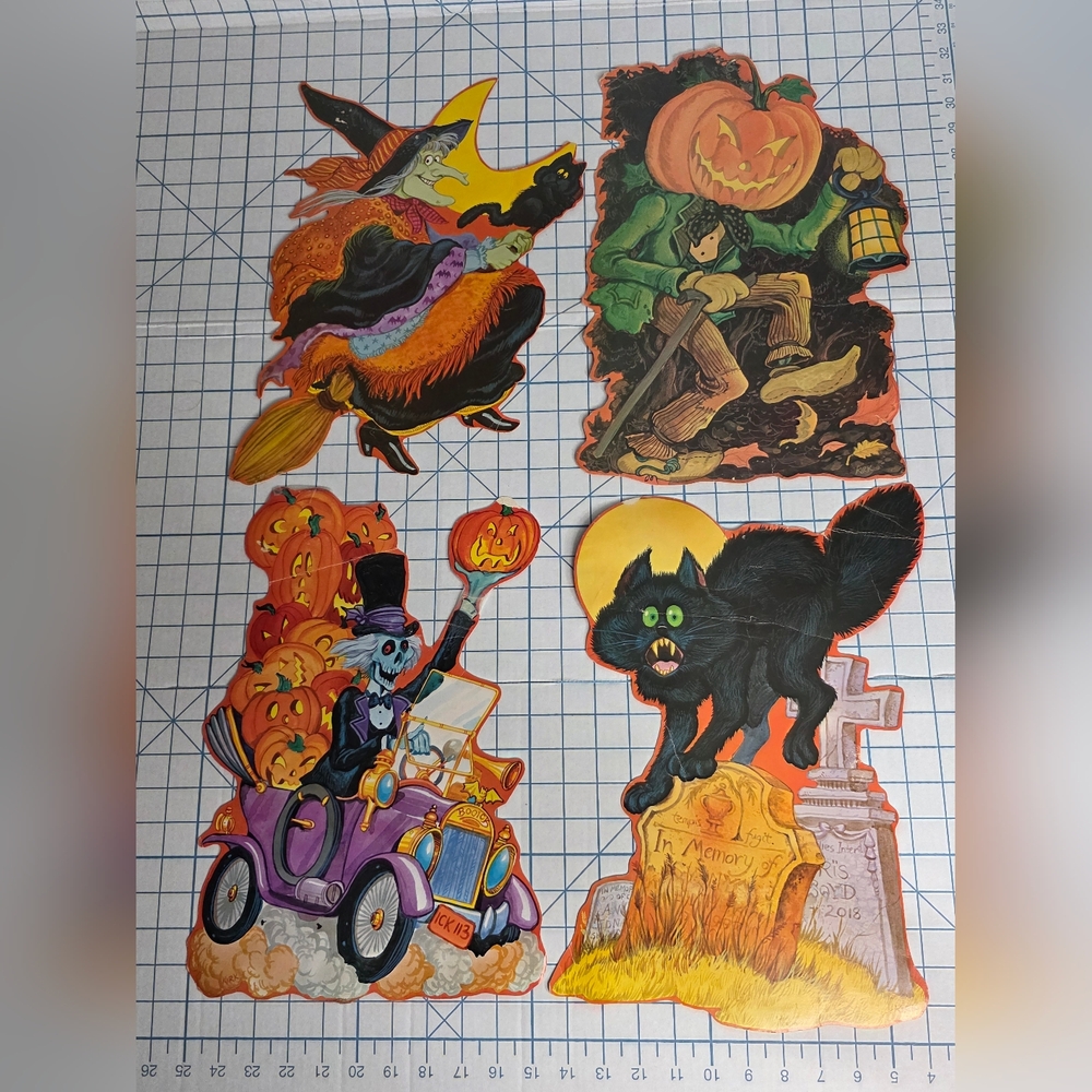 Set of 4 Vintage Halloween Die Cuts Cardboard Witch Cat Pumpkin Skeleton, KIRK
